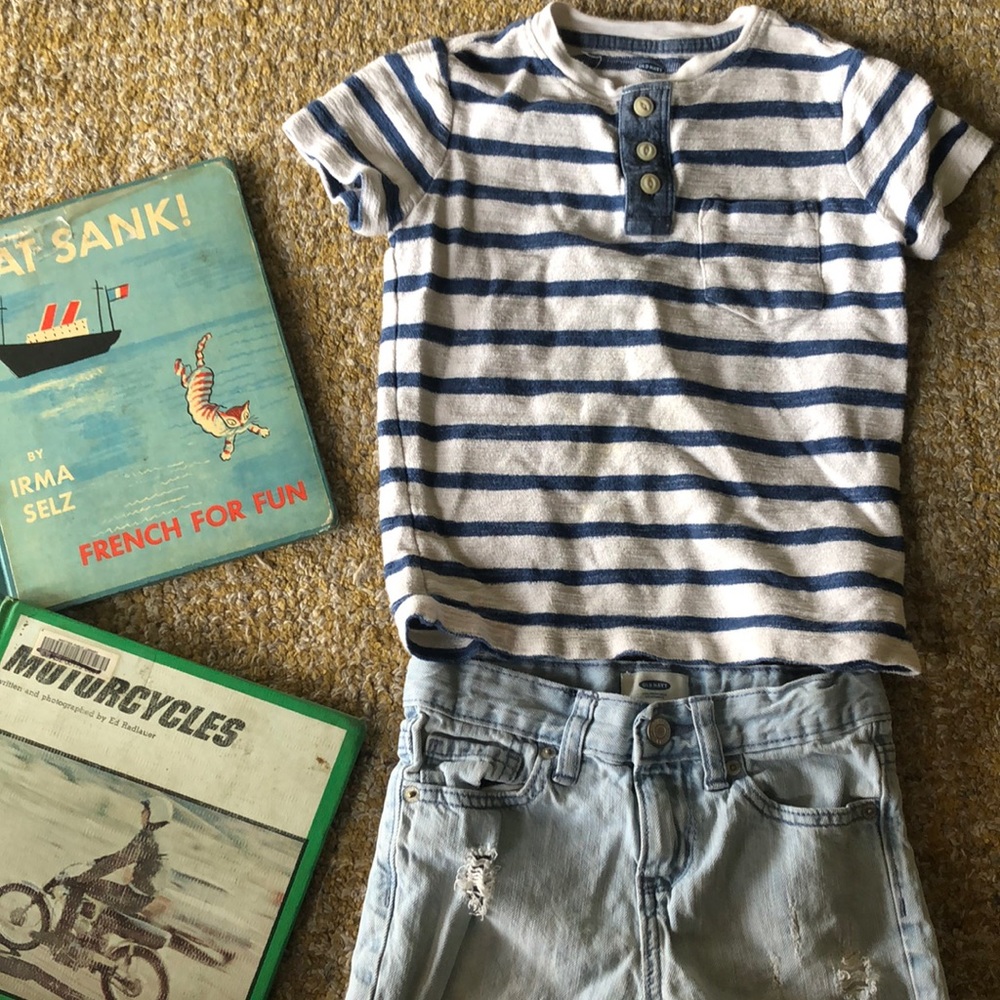 Old Navy nautical striped shirt & distressed jean shorts bundle lot 5T